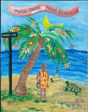  rote Kunst - Mädchen Schildkröte Mond über palm beach